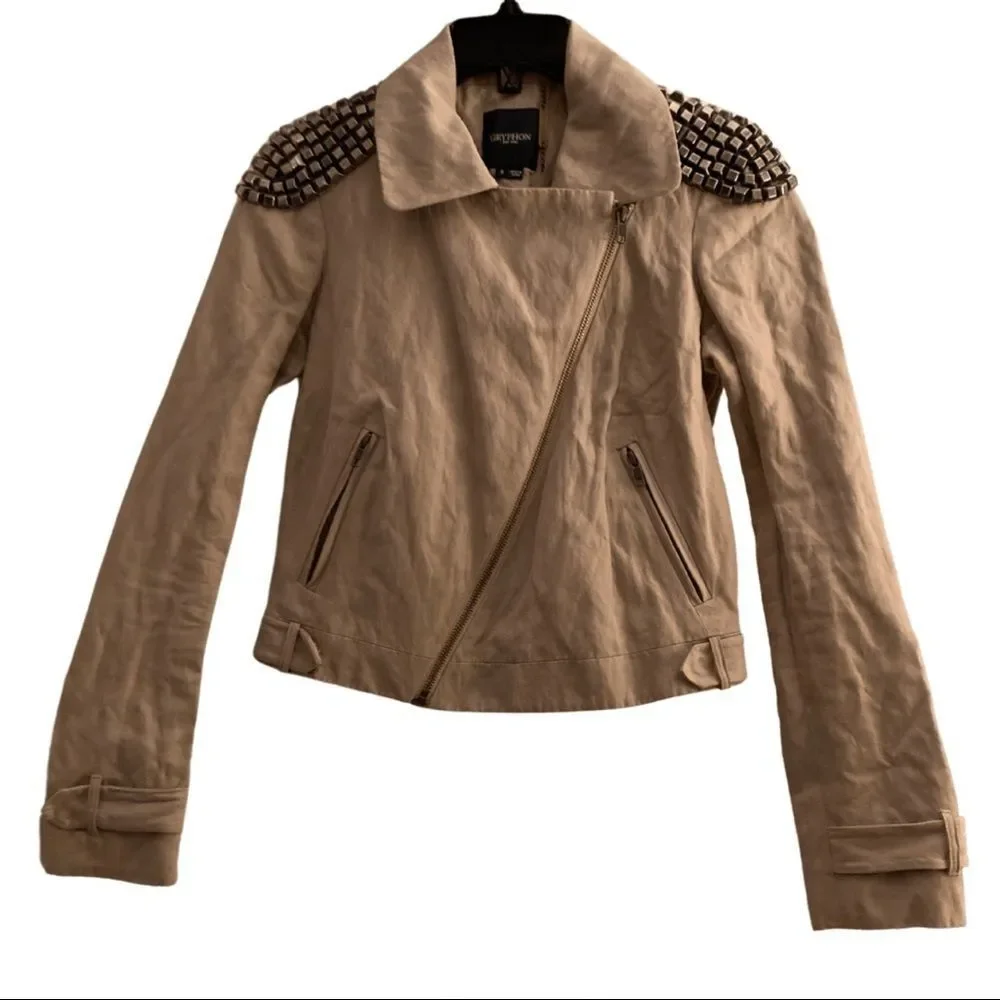 Gryphon NY Silver Studded Asymmetrical Khaki Jacket